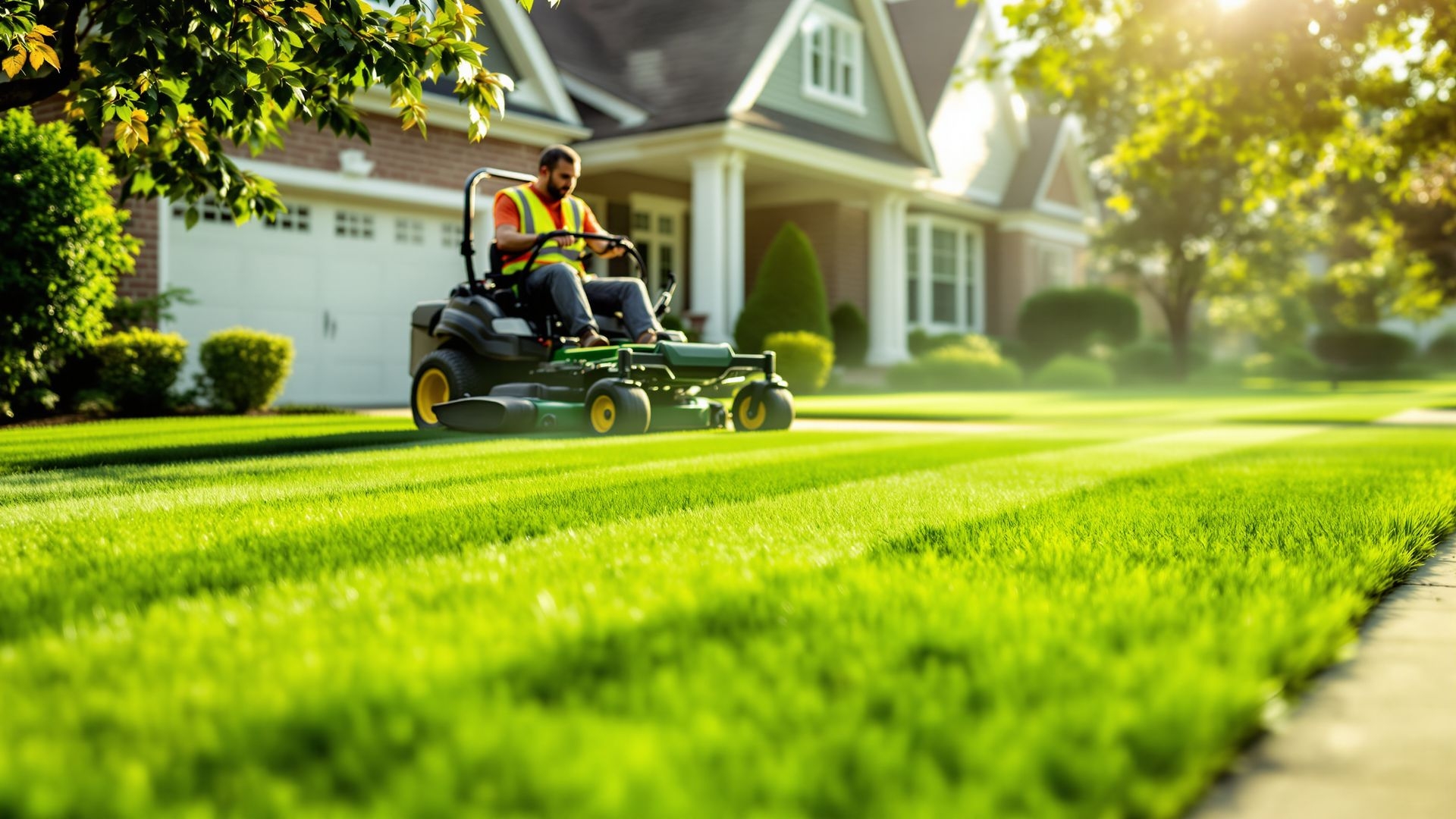 Freshly cut green lawn with sharp lines and clean curb appeal